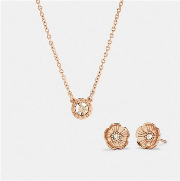 Coach Rose Gold Open Circle Necklace and Tea Rose Stud Set NWT - Picture 3 of 12